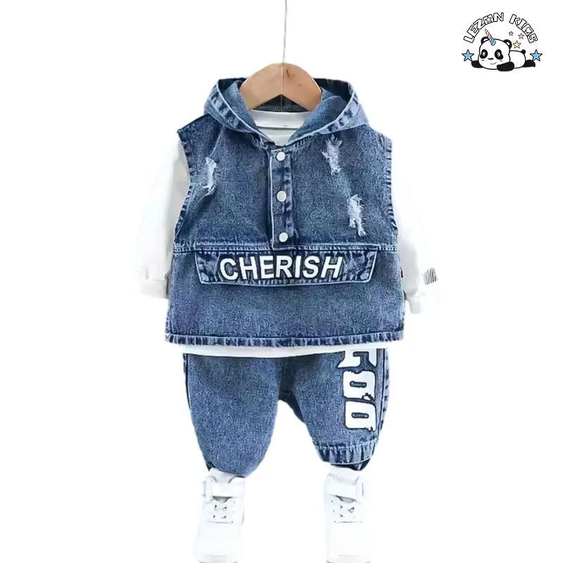 LEZONKIDS - Spring Children's Clothes Unisex Wholesale Autumn  Denim Vest Jeans Three-piece Baby Set
